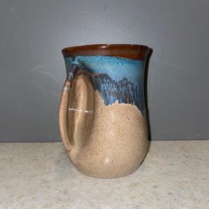 Clay In Motion Left Hand Warmer Mug Studio Pottery Signed Neher Drip Glaze